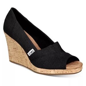 TOMS Black Canvas Cork Wedge Peep-Toe